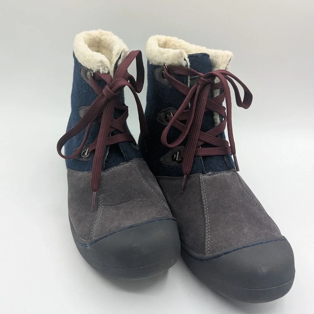 Muk Luks Womens Navy Blue Grey Faux Suede Fur Lined Winter Lace Up Boots Size 10